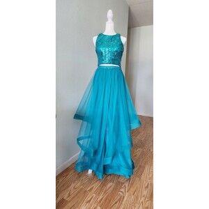 Teal 2-Piece Prom Dress Sequin Lace Crop Top High-Low Tulle Skirt Formal Evening